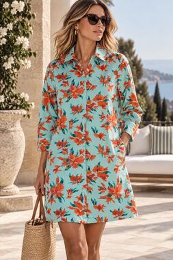 NWT Perlavera Floral Shirt Dress Turquoise Orange Size Small